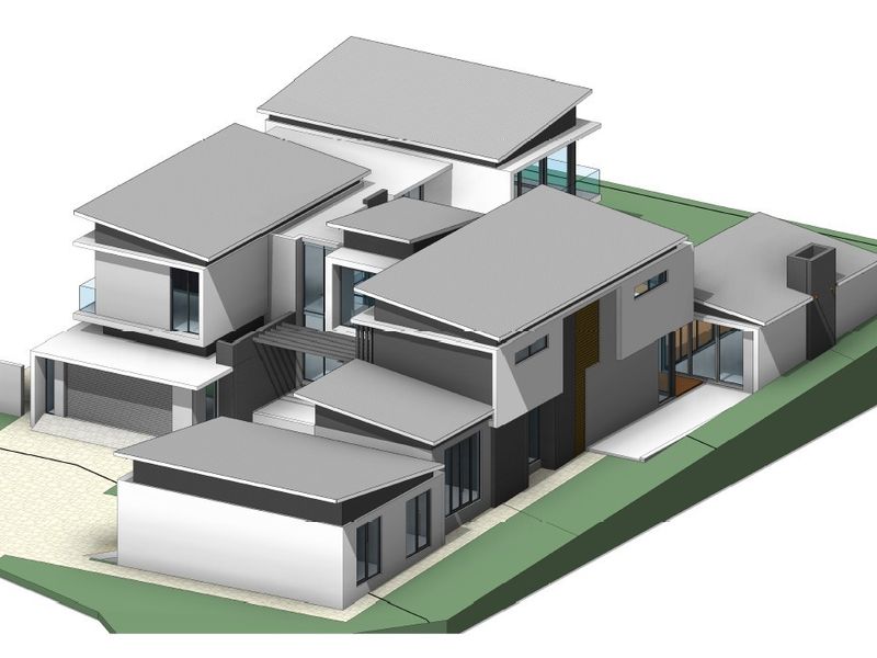 A 3D architectural rendering showing the aerial perspective of a modern multi-level residential property with a contemporary roof design.