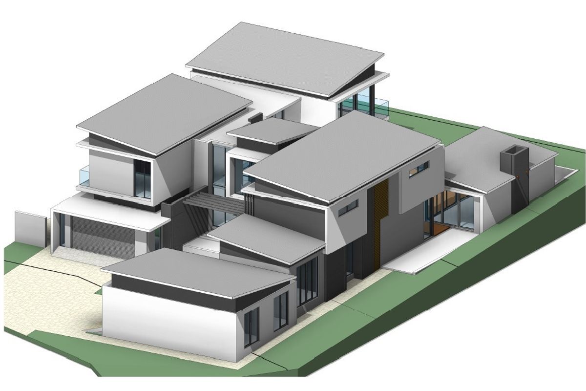 A 3D architectural rendering showing the aerial perspective of a modern multi-level residential property with a contemporary roof design.