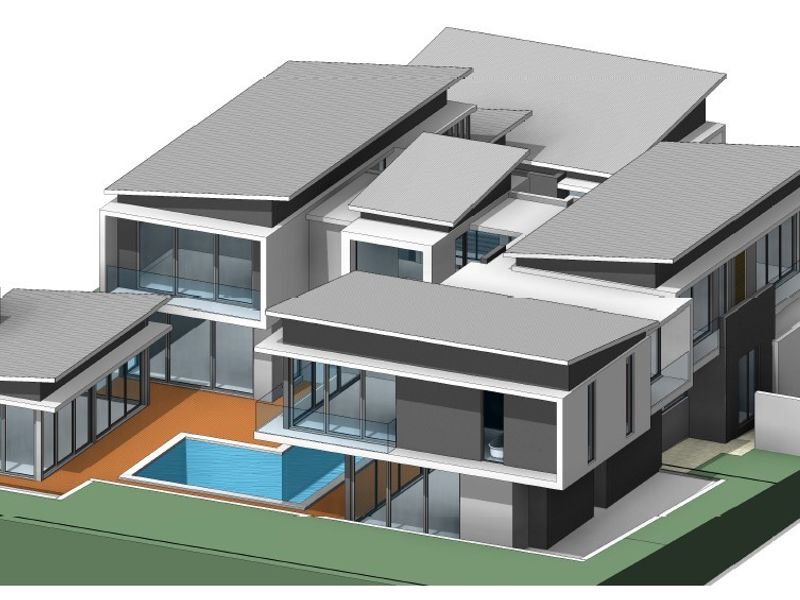 A 3D architectural rendering of a modern multi-level residential property featuring a swimming pool, flat roof design, and extensive glass facade elements.