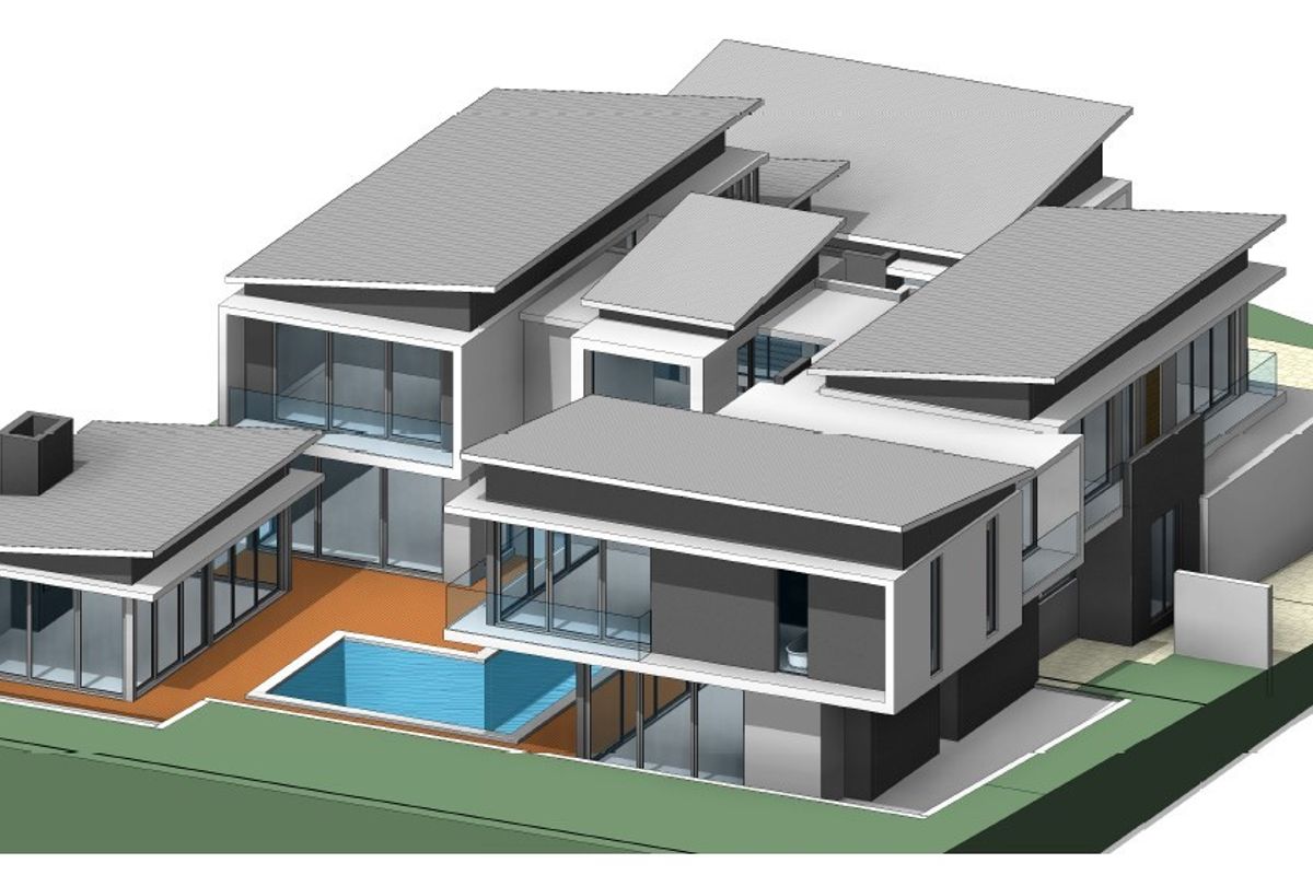 A 3D architectural rendering of a modern multi-level residential property featuring a swimming pool, flat roof design, and extensive glass facade elements.