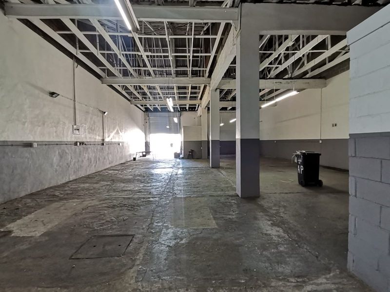 Spacious industrial warehouse unit featuring exposed steel roof trusses, concrete flooring, and a large roller shutter door for easy access.