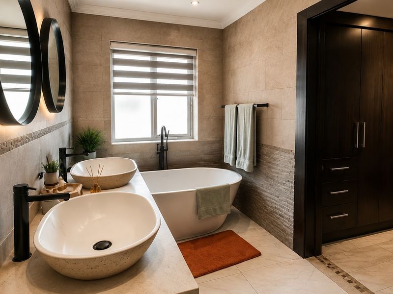 Modern bathroom featuring a double vanity with vessel sinks, a freestanding bathtub, and dark built-in cabinetry with high-quality tile finishes.