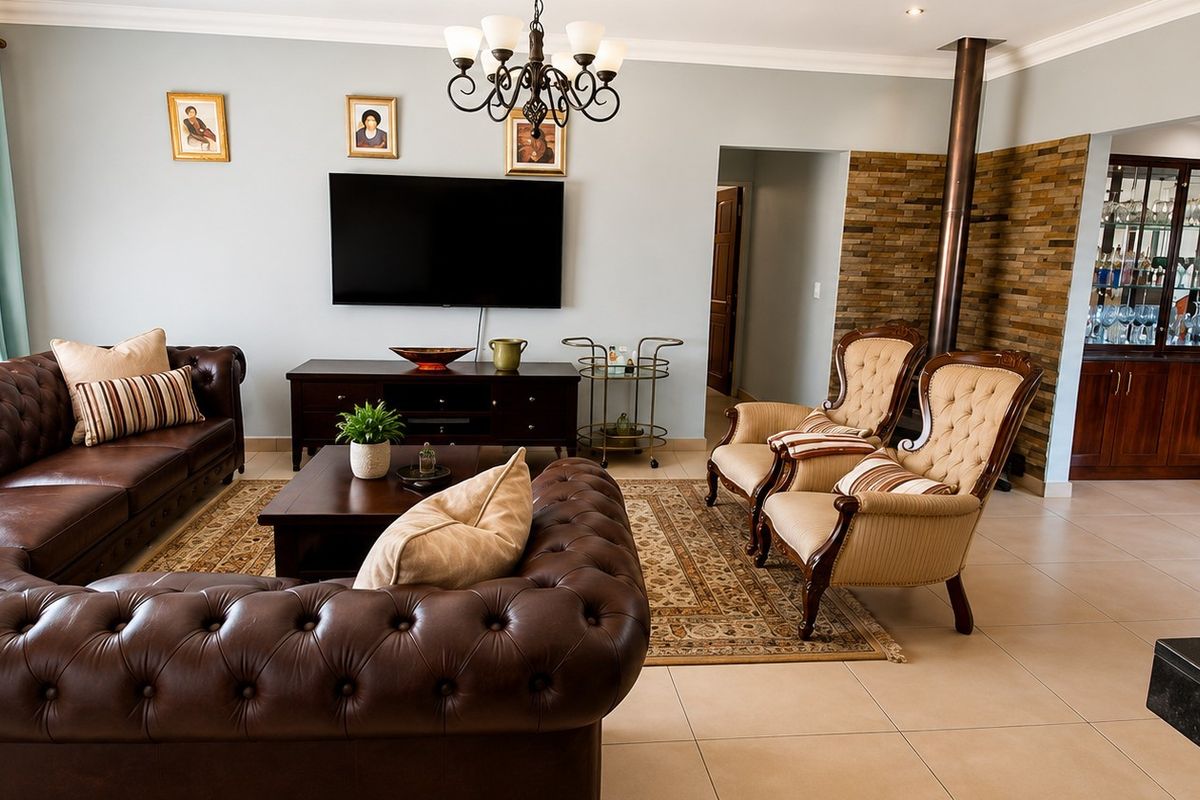 Spacious living room featuring a stone accent wall, a fireplace, and built-in cabinetry, finished with neutral floor tiles and elegant crown molding.