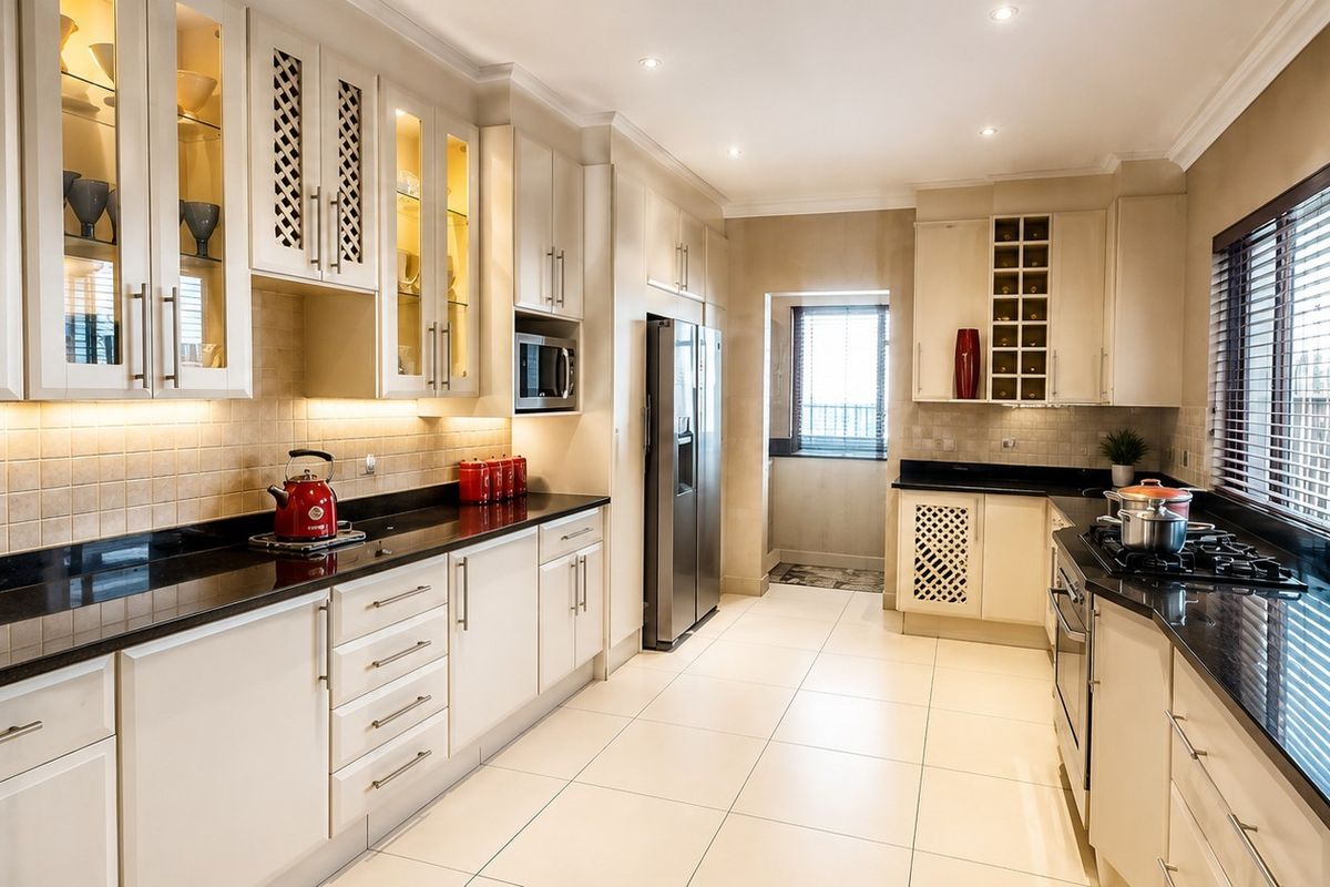 A well-appointed kitchen featuring granite countertops, extensive built-in cabinetry, under-cabinet lighting, and integrated appliances, finished with neutral floor tiles.