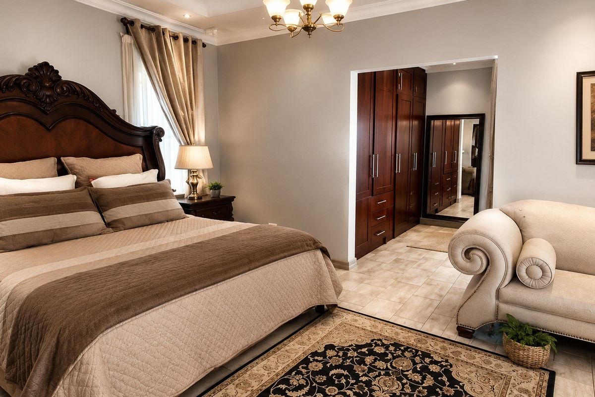 Spacious bedroom featuring built-in wooden cupboards, tiled flooring, and elegant recessed lighting, offering a comfortable and well-maintained living space.