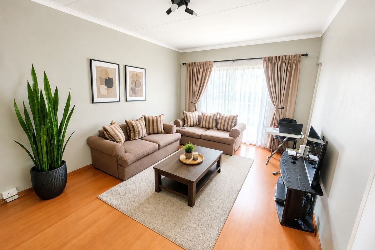 A well-maintained living room featuring warm-toned laminate flooring, neutral wall paint, and large windows with curtain tracks, providing a comfortable and inviting space.