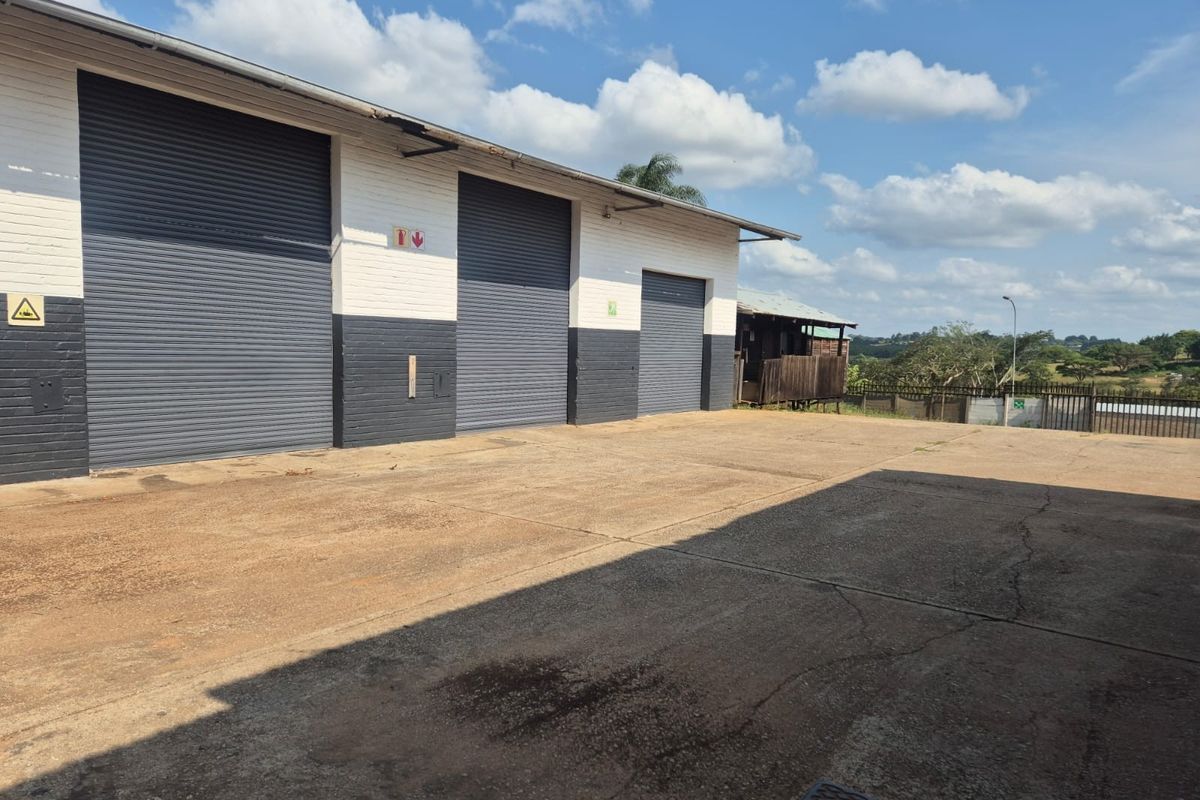 Industrial warehouse exterior featuring multiple roller shutter doors and a large concrete loading area.