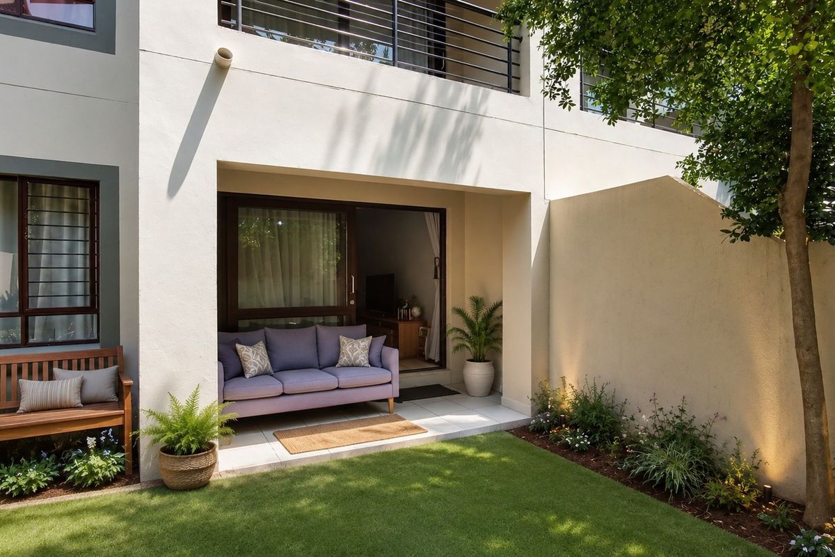 A well-maintained rear patio area featuring tiled flooring, a sliding glass door entrance, and a private landscaped garden with integrated lighting.