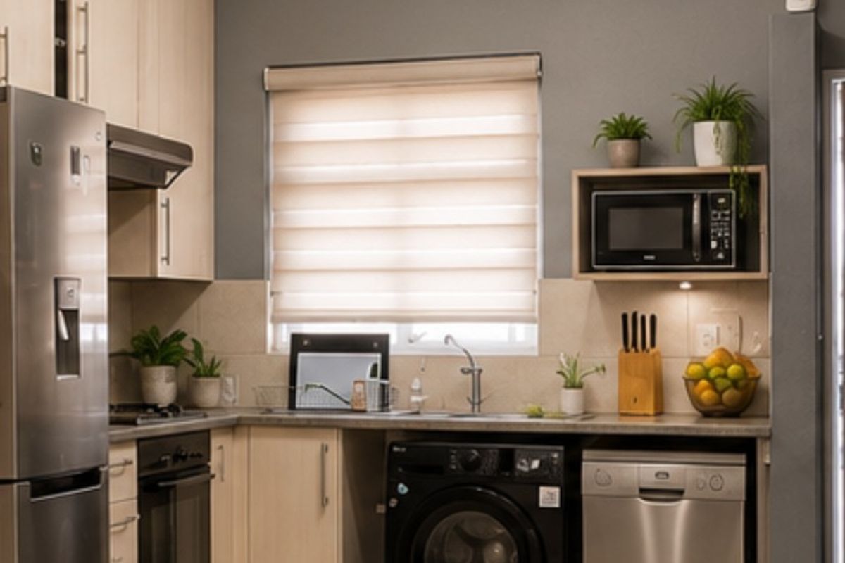 A well-maintained kitchen featuring light wood cabinetry, tiled flooring, integrated appliances, and modern track lighting, offering a functional and clean workspace.
