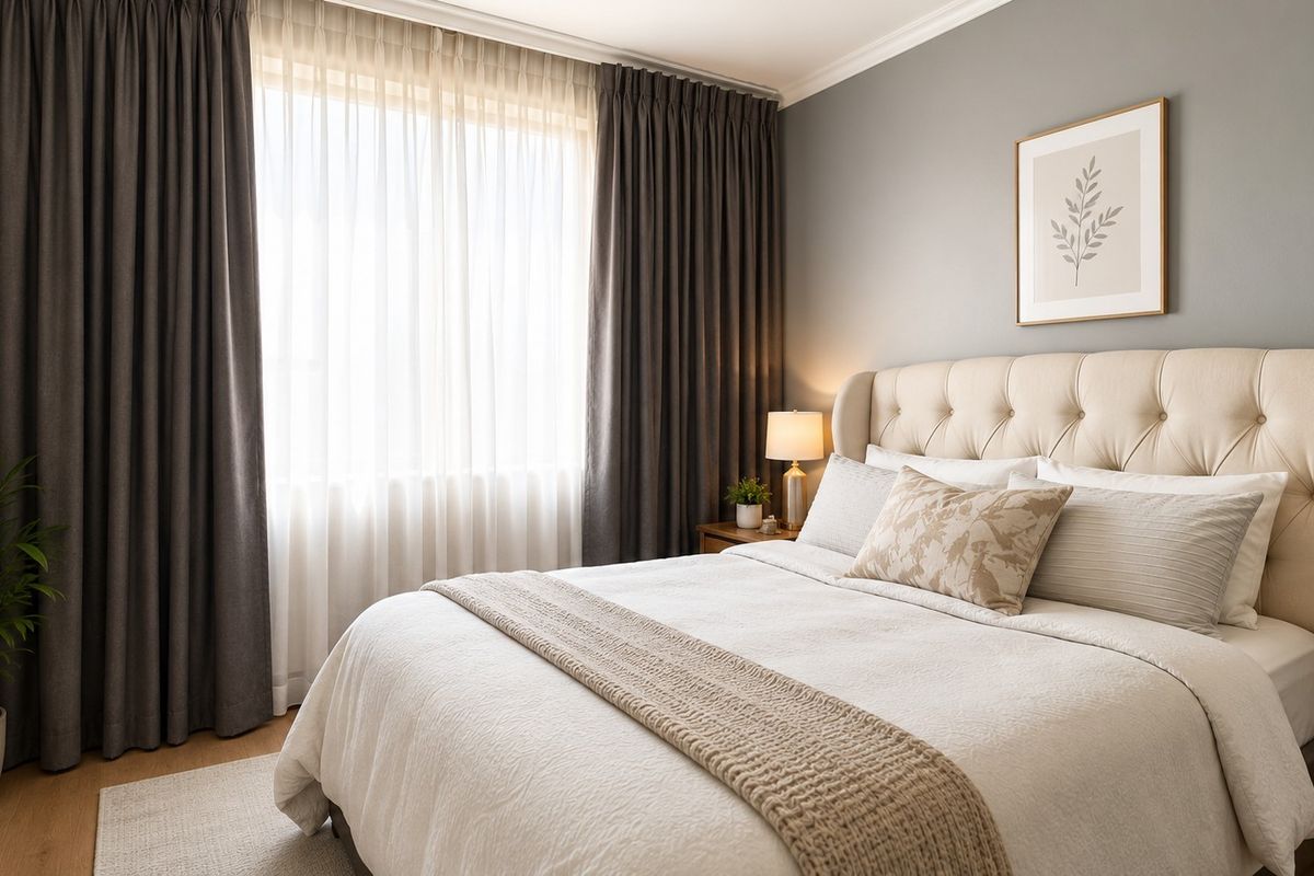 A well-appointed bedroom featuring neutral wall tones, hardwood flooring, and elegant window treatments, creating a comfortable and inviting living space.