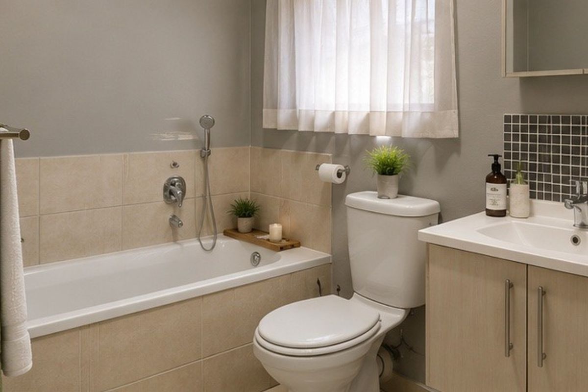 A functional bathroom featuring a bathtub with shower mixer, a vanity cabinet with basin, and neutral wall tiling.
