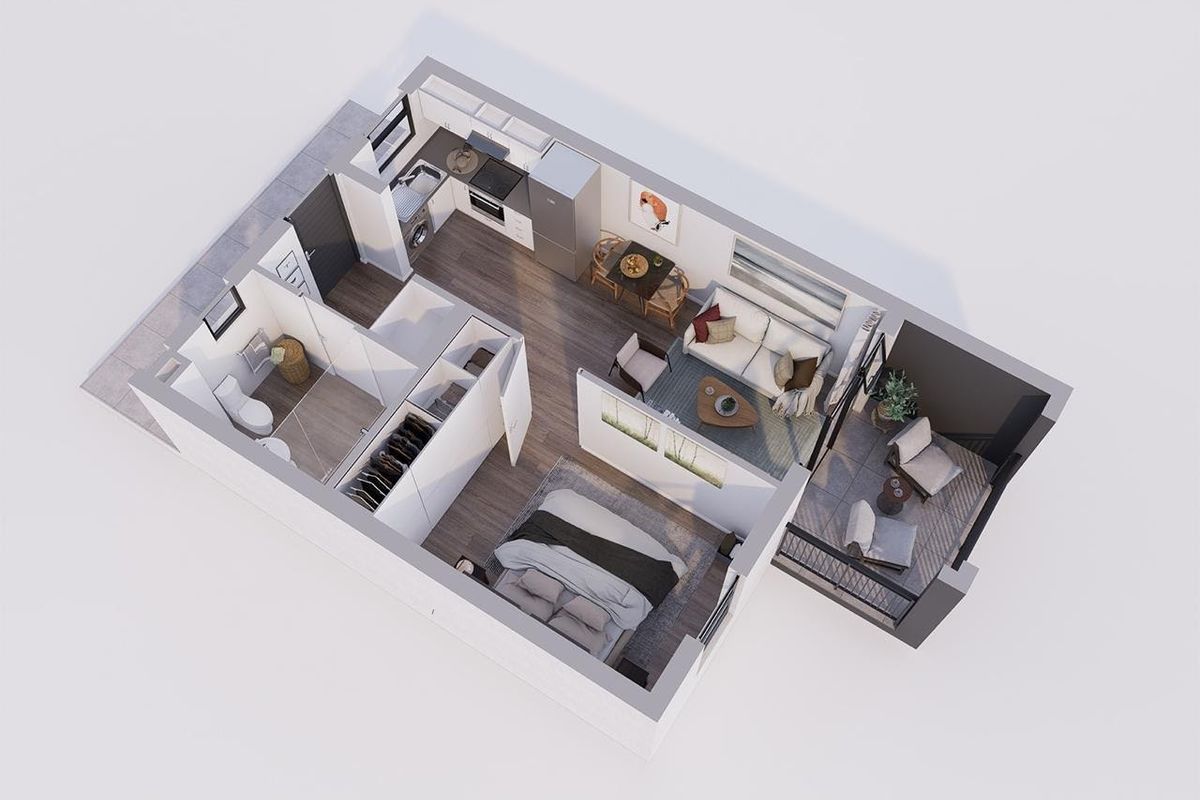 A 3D floor plan rendering showing the layout of a one-bedroom apartment, including an open-plan kitchen, living area, bathroom, and private balcony.