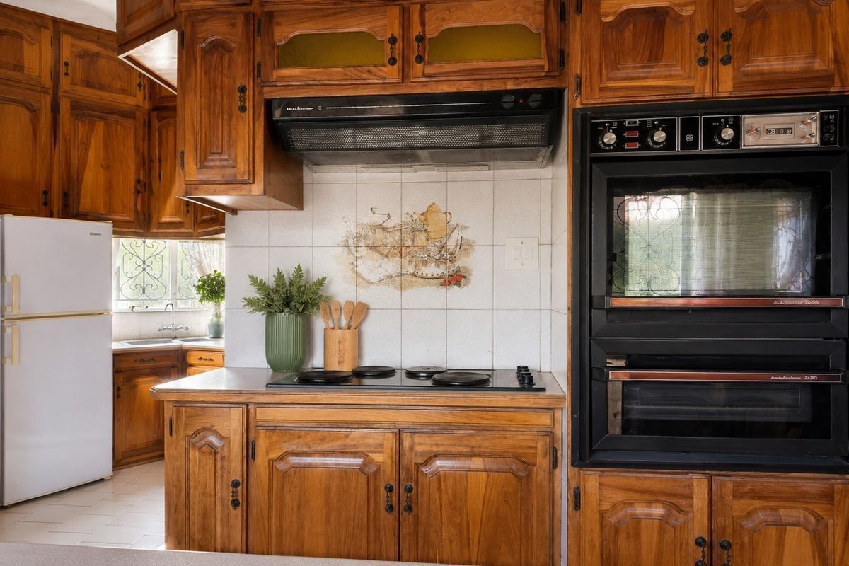 A traditional kitchen featuring extensive wooden cabinetry, a built-in double oven, electric hob, extractor fan, and a tiled backsplash with decorative accents.