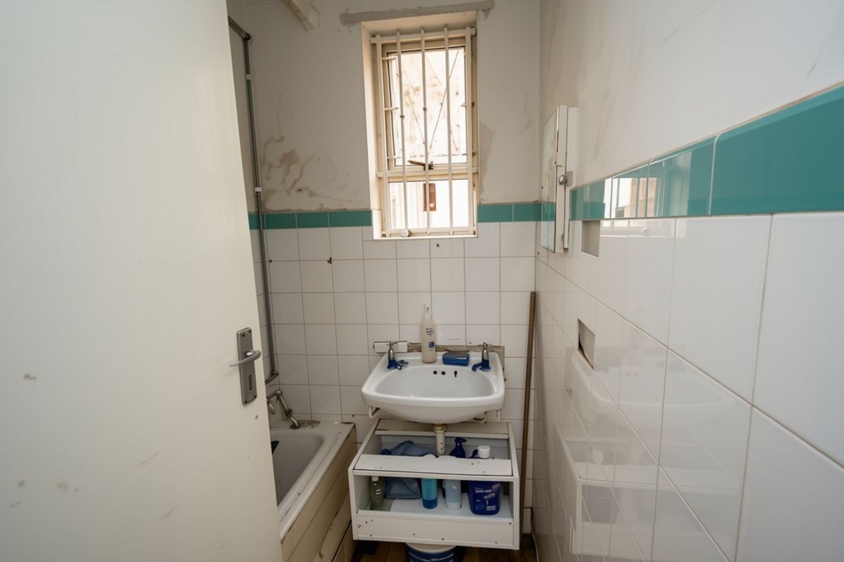 A dated bathroom featuring a bathtub, pedestal basin, and tiled splashback, currently requiring significant renovation and repair to wall finishes.