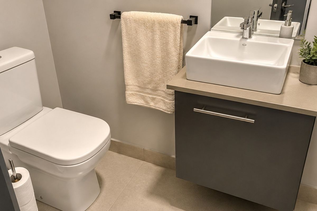 Modern guest bathroom featuring a sleek wall-mounted vanity with a vessel sink, chrome fixtures, and a contemporary dual-flush toilet.