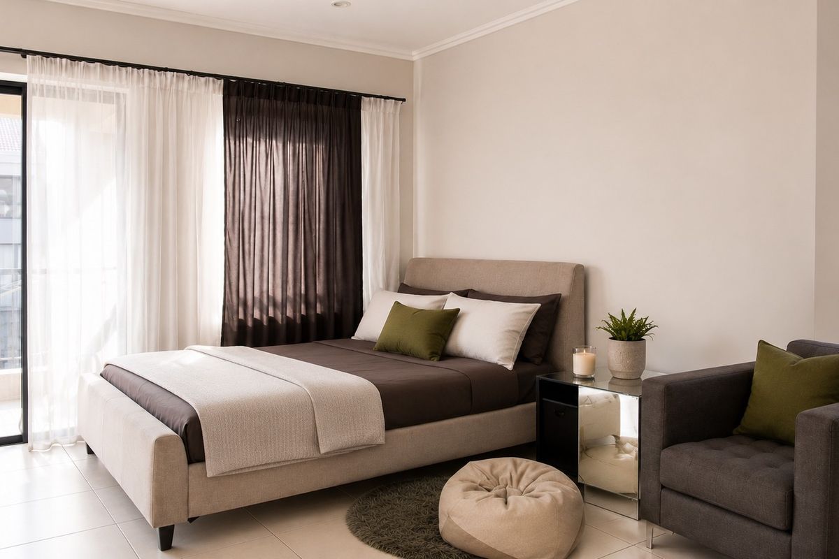 A well-lit bedroom featuring neutral tiled flooring, coved ceilings, and a large sliding glass door providing access to an outdoor balcony area.