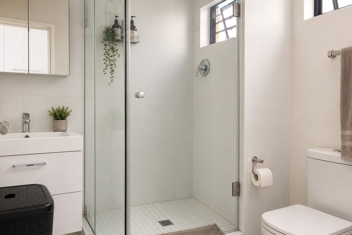 A modern, well-maintained bathroom featuring a glass-enclosed shower, white vanity cabinet with basin, and a standard toilet.