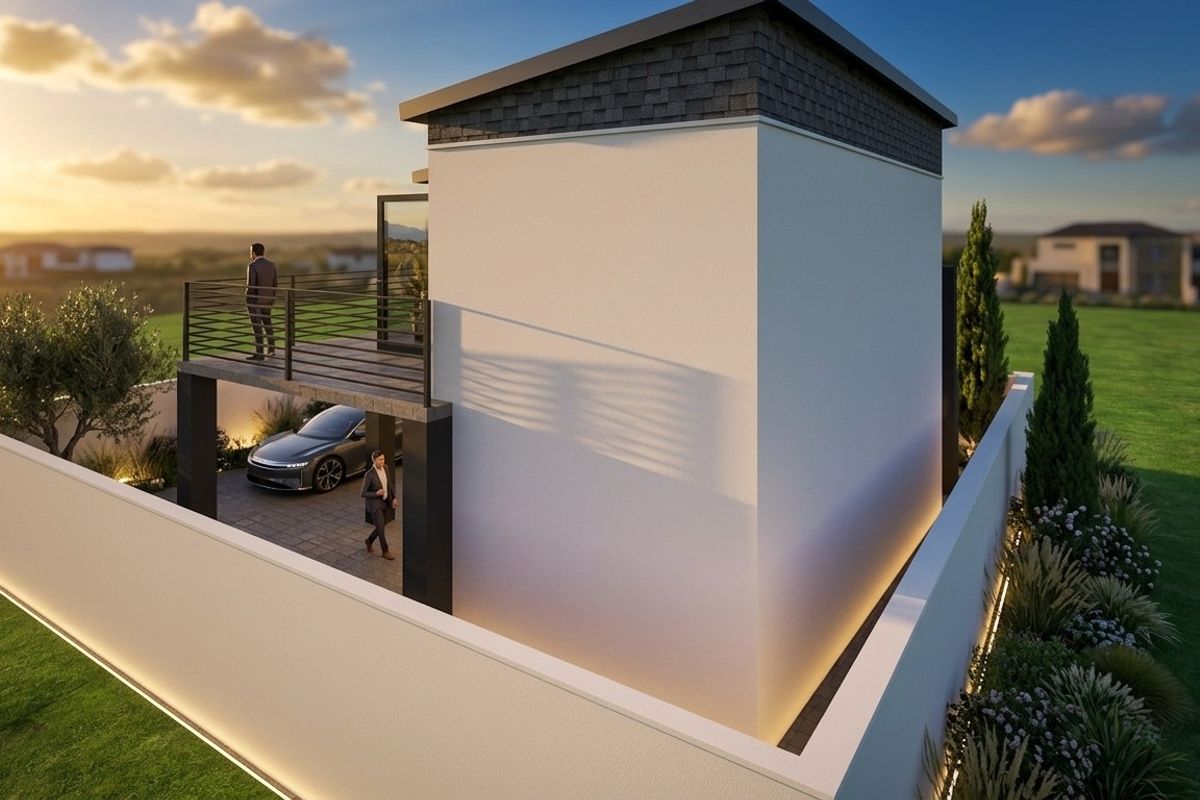A modern architectural rendering of a house exterior featuring a balcony, paved driveway, and perimeter wall with integrated lighting.