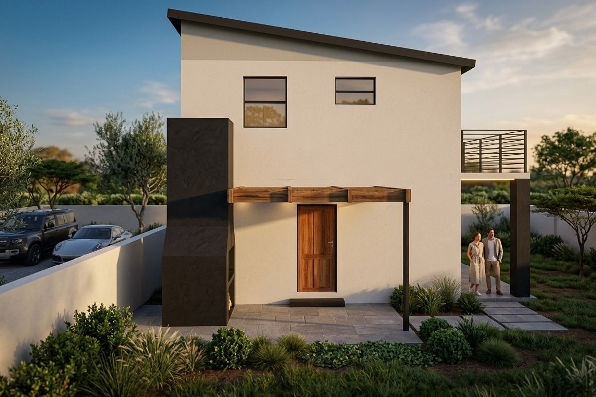 Rear view of a modern house featuring a paved patio with a built-in fireplace, timber pergola, and an upper-level balcony.