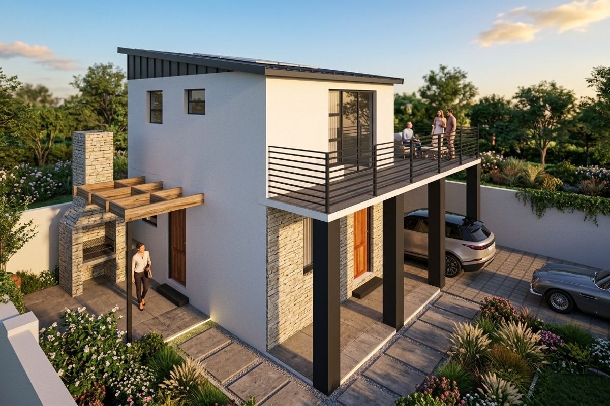 A modern two-story home featuring stone cladding, a built-in outdoor braai, a timber pergola, and an upper-level balcony overlooking a landscaped garden.