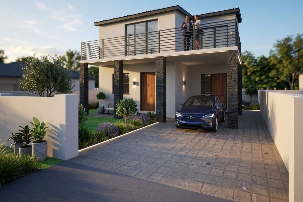 Modern two-story residential facade featuring a paved driveway, stone-clad support pillars, and an upper-level balcony with metal railings.