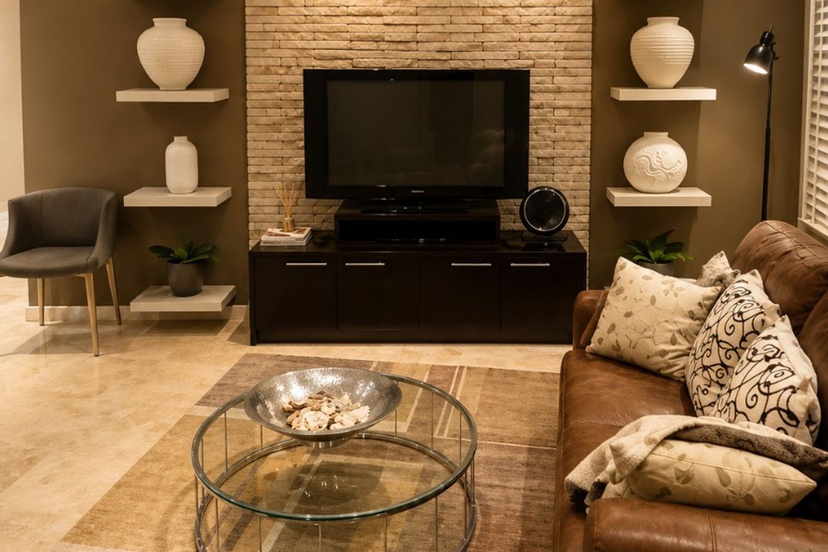 A well-appointed living room featuring a textured stone feature wall, recessed downlighting, and sleek floating shelving units.