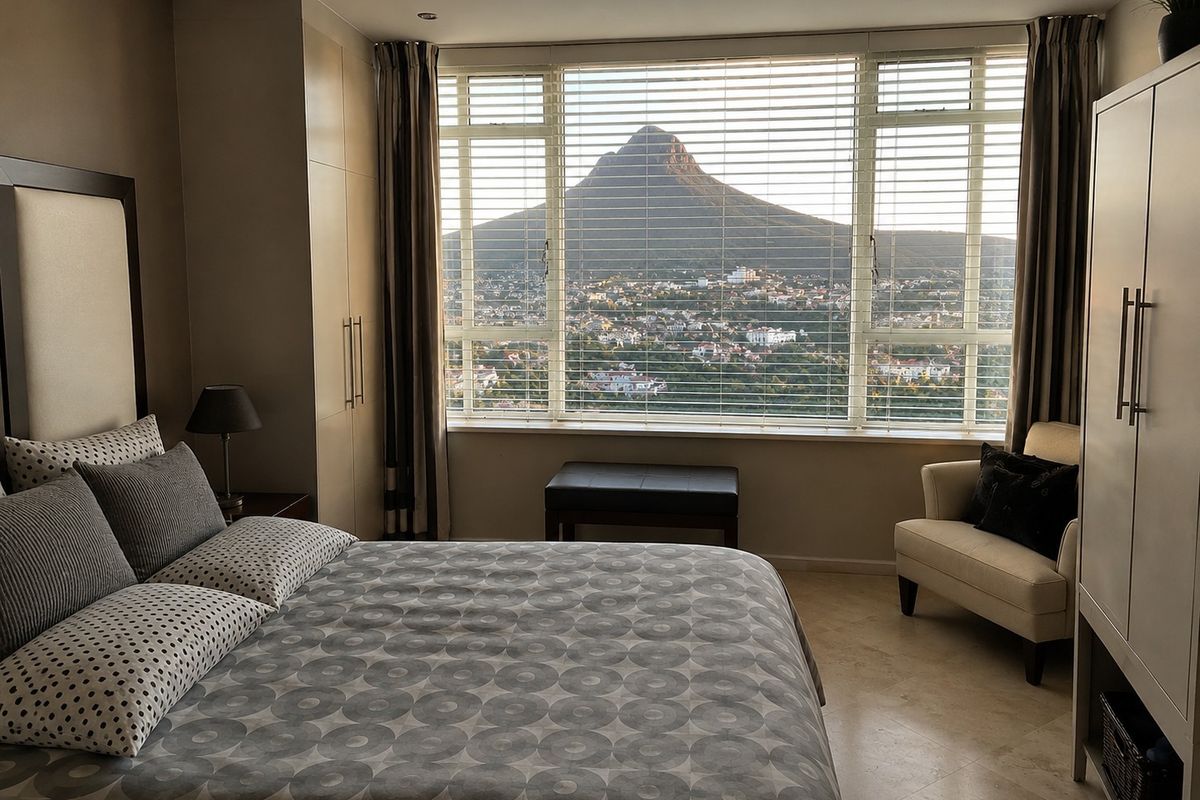 A well-maintained bedroom featuring built-in cupboards, tiled flooring, and a large window offering expansive mountain and city views.