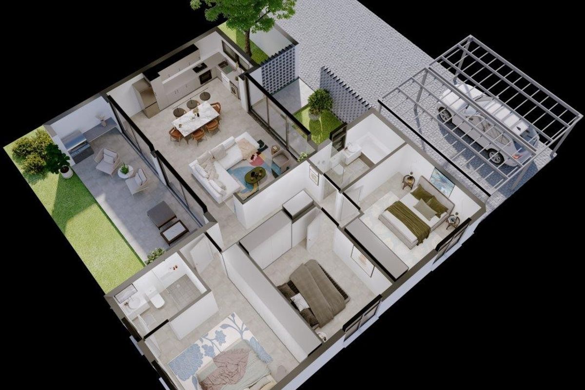 A detailed 3D floor plan showing a modern residential layout with an open-plan living area, three bedrooms, two bathrooms, a patio, and a carport.
