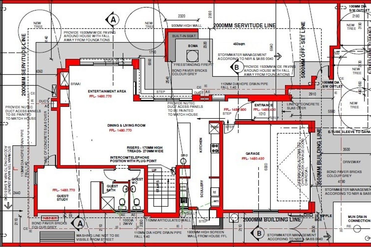 Architectural floor plan detailing the layout of the ground floor, including living areas, kitchen, scullery, garage, and outdoor entertainment space.