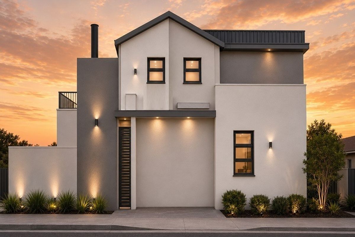 A modern two-story residential facade featuring clean lines, contemporary exterior lighting, and a paved driveway at sunset.