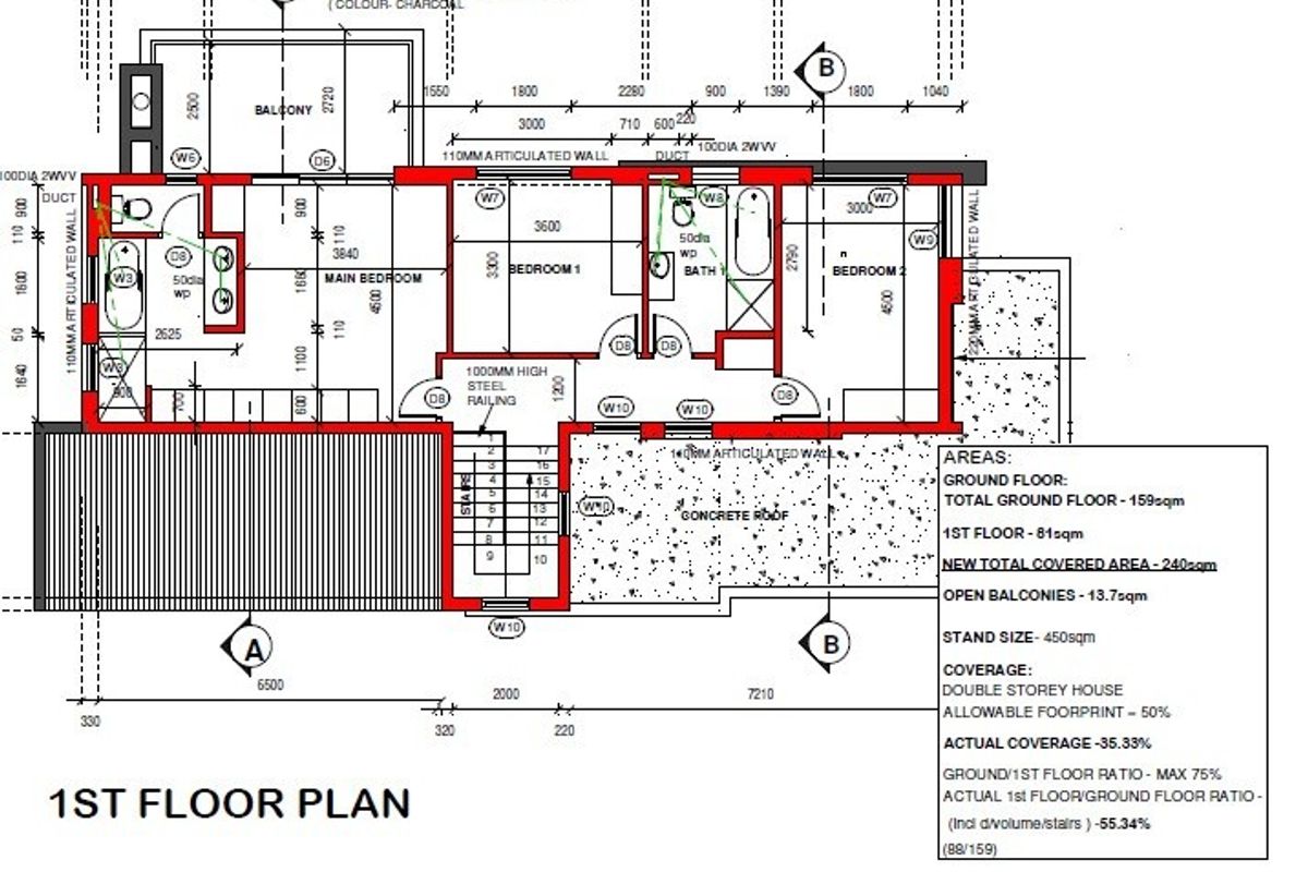 Architectural floor plan detailing the layout of the first floor, including bedrooms, bathrooms, and balcony dimensions.