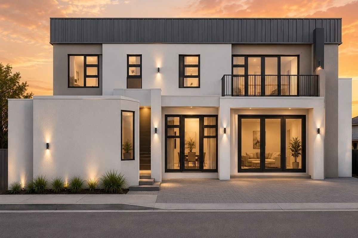 Modern two-story residential facade featuring clean lines, paved driveway, balcony, and contemporary black-framed glazing at sunset.