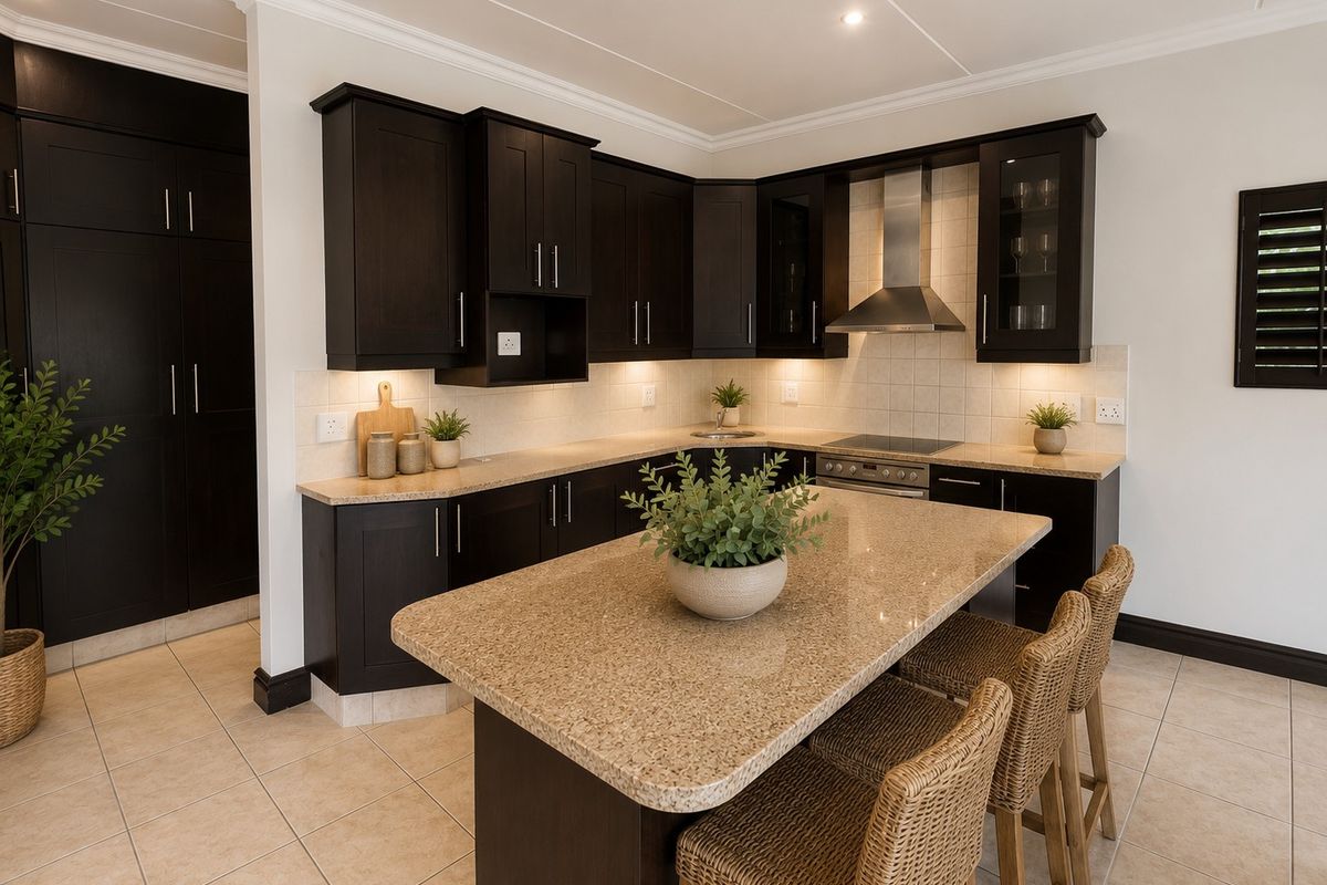 Modern kitchen featuring dark wood cabinetry, granite countertops, a central island, and integrated stainless steel appliances with neutral tiled flooring.