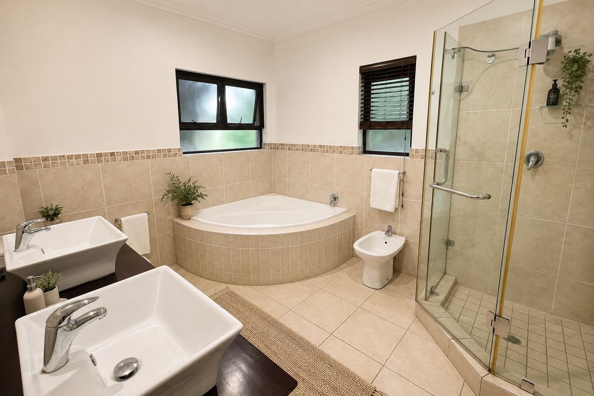 Spacious bathroom featuring a corner bathtub, separate glass shower enclosure, bidet, and dual vessel sinks with tiled finishes throughout.