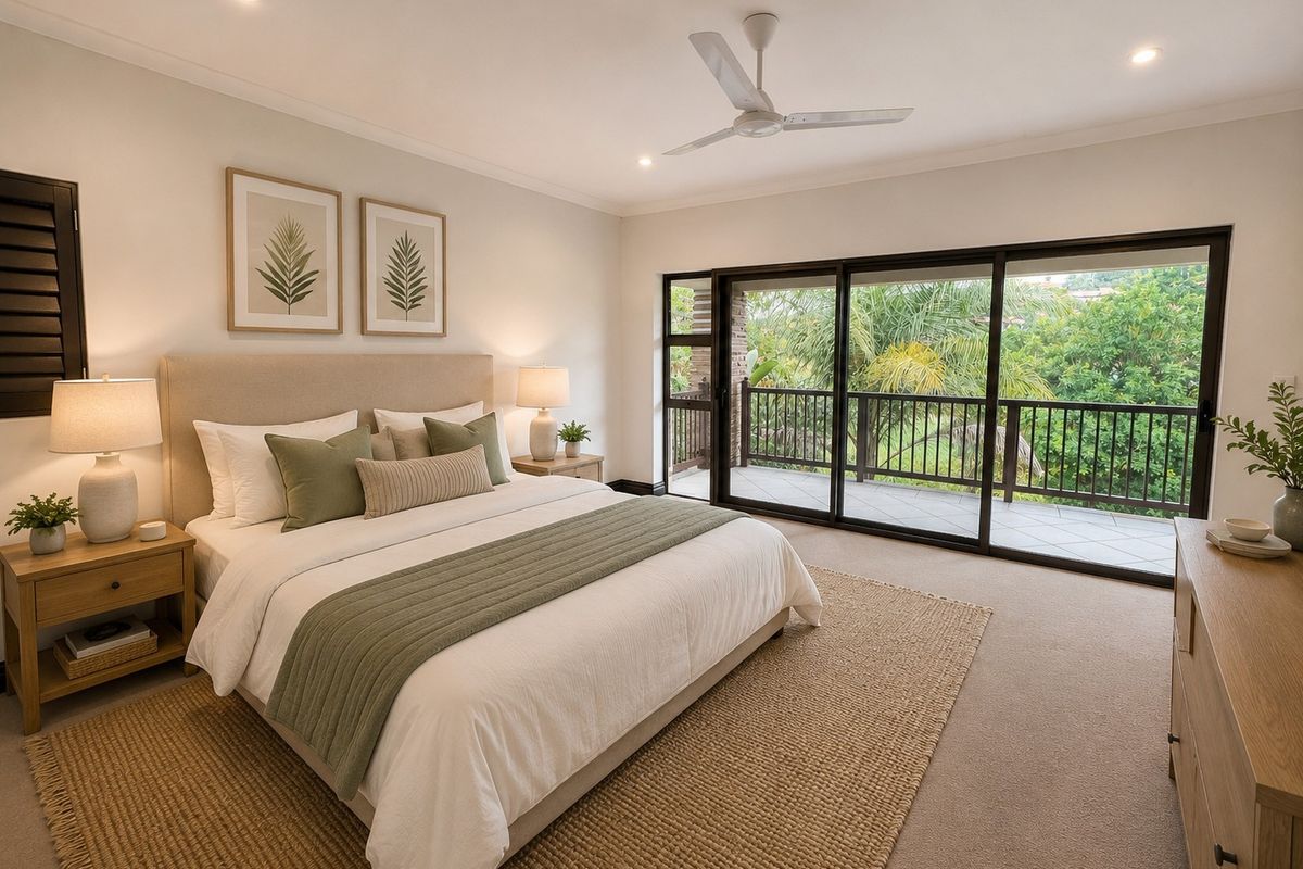 Spacious bedroom featuring neutral carpeting, a ceiling fan, and large sliding glass doors that open onto a private balcony with lush greenery views.