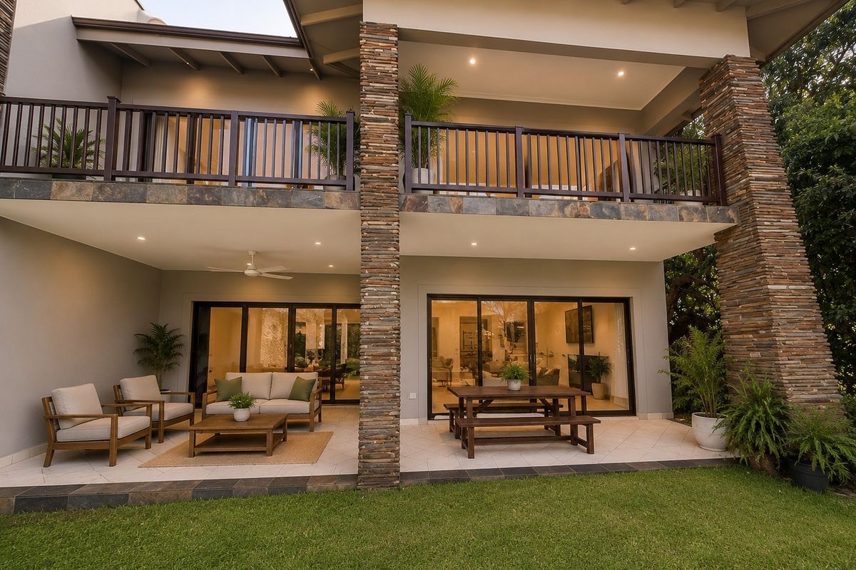 Spacious rear exterior featuring a covered patio with tiled flooring, stacked stone pillars, and an upper-level balcony with sliding glass door access.