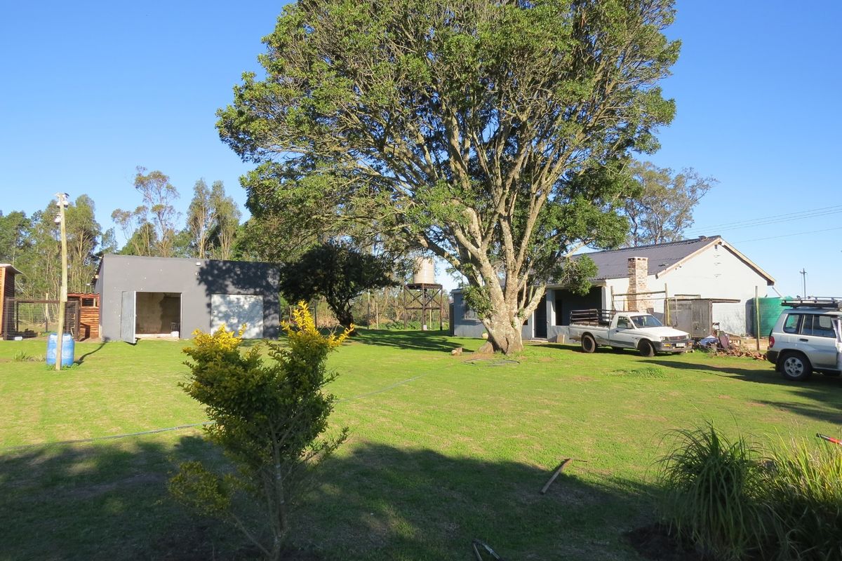 Spacious backyard area featuring a large mature tree, a detached garage, and a brick chimney on the main dwelling.