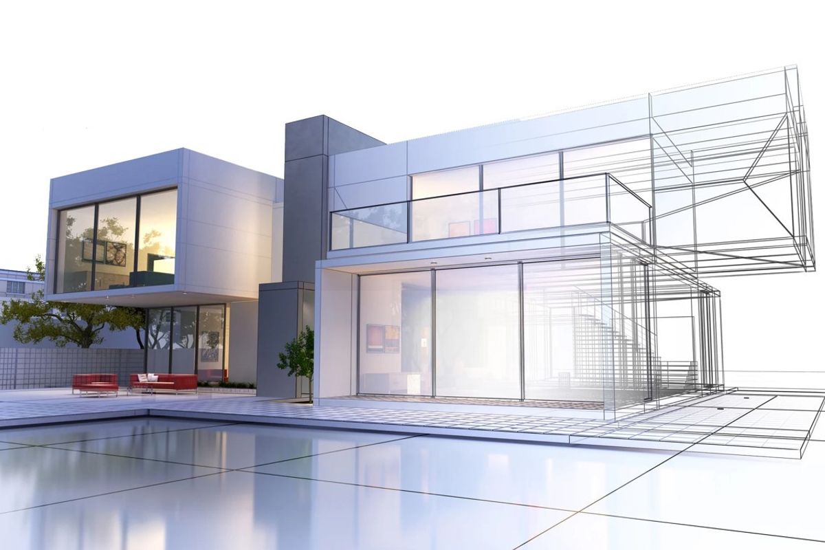A modern architectural rendering of a luxury residence featuring a swimming pool, expansive glass sliding doors, and a contemporary balcony design.