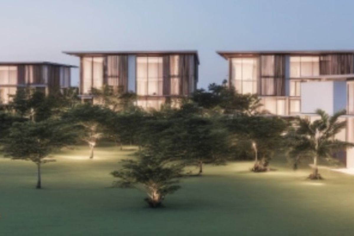 A high-end architectural rendering of a modern residential development featuring expansive glass facades and beautifully landscaped grounds at dusk.