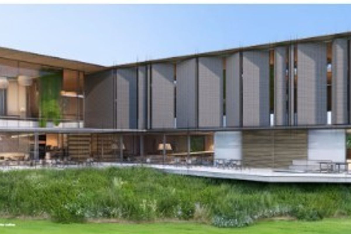 A modern commercial building design featuring extensive glass walls, architectural louvers, and a spacious covered patio overlooking landscaped grounds.