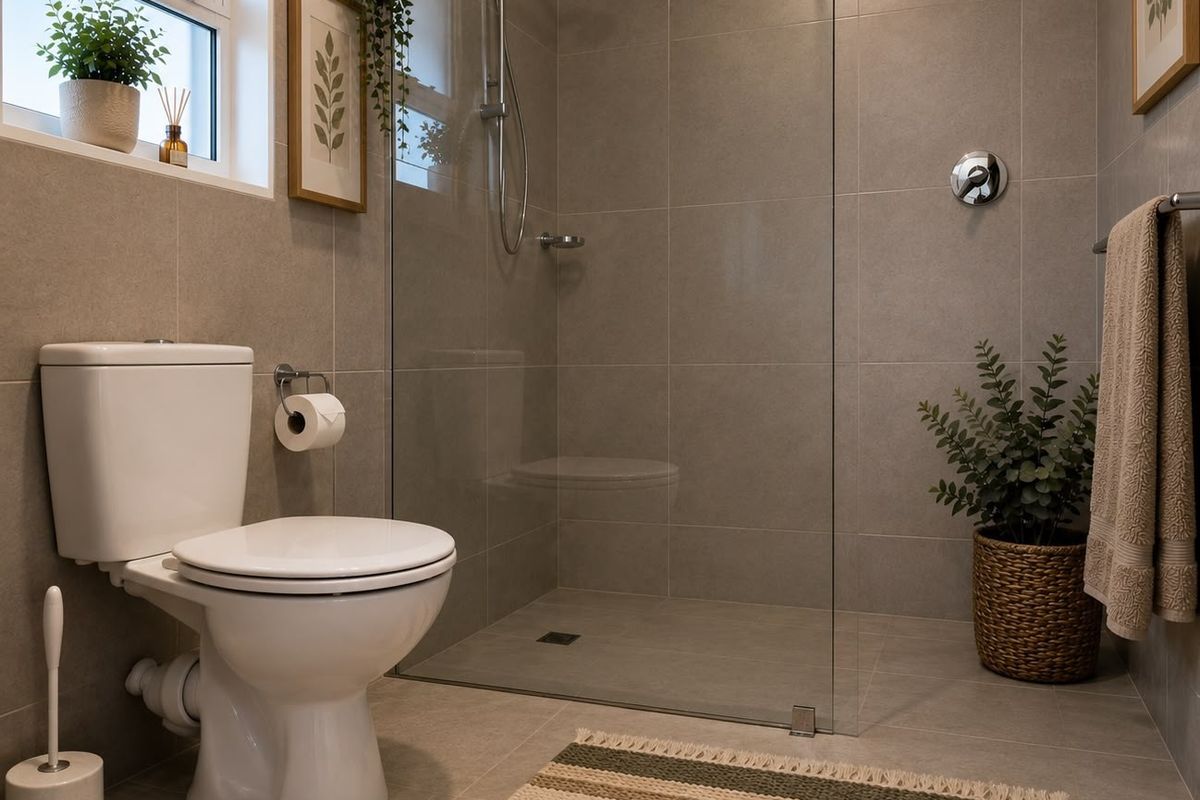 Modern bathroom featuring a walk-in shower with glass screen, neutral floor-to-ceiling tiling, and a contemporary toilet suite.