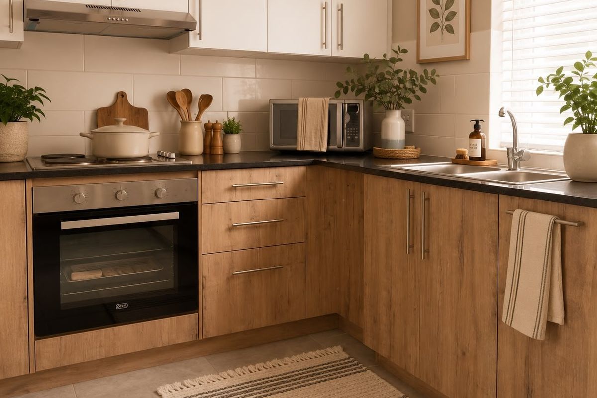 Modern kitchen featuring wood-look cabinetry, dark countertops, integrated appliances including an oven and hob, and a clean tiled splashback.