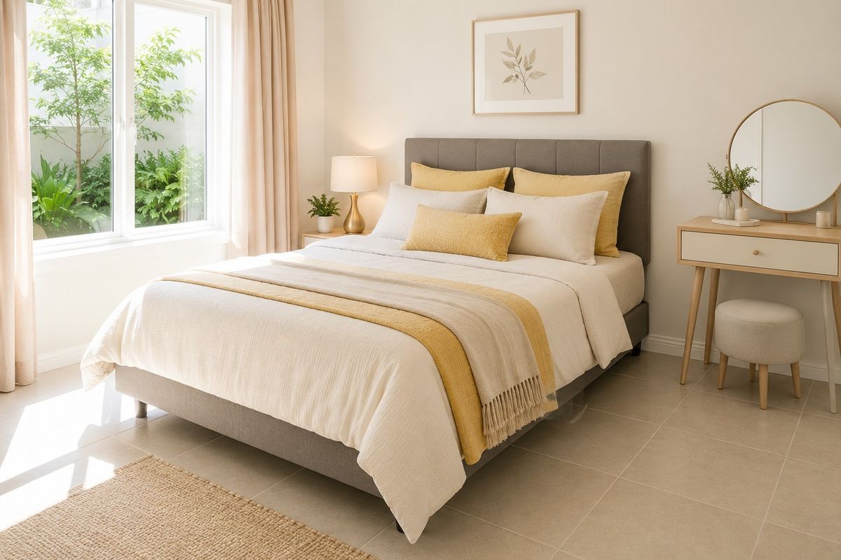 A bright and well-maintained bedroom featuring neutral tiled flooring and a large window providing natural light and a view of the garden.