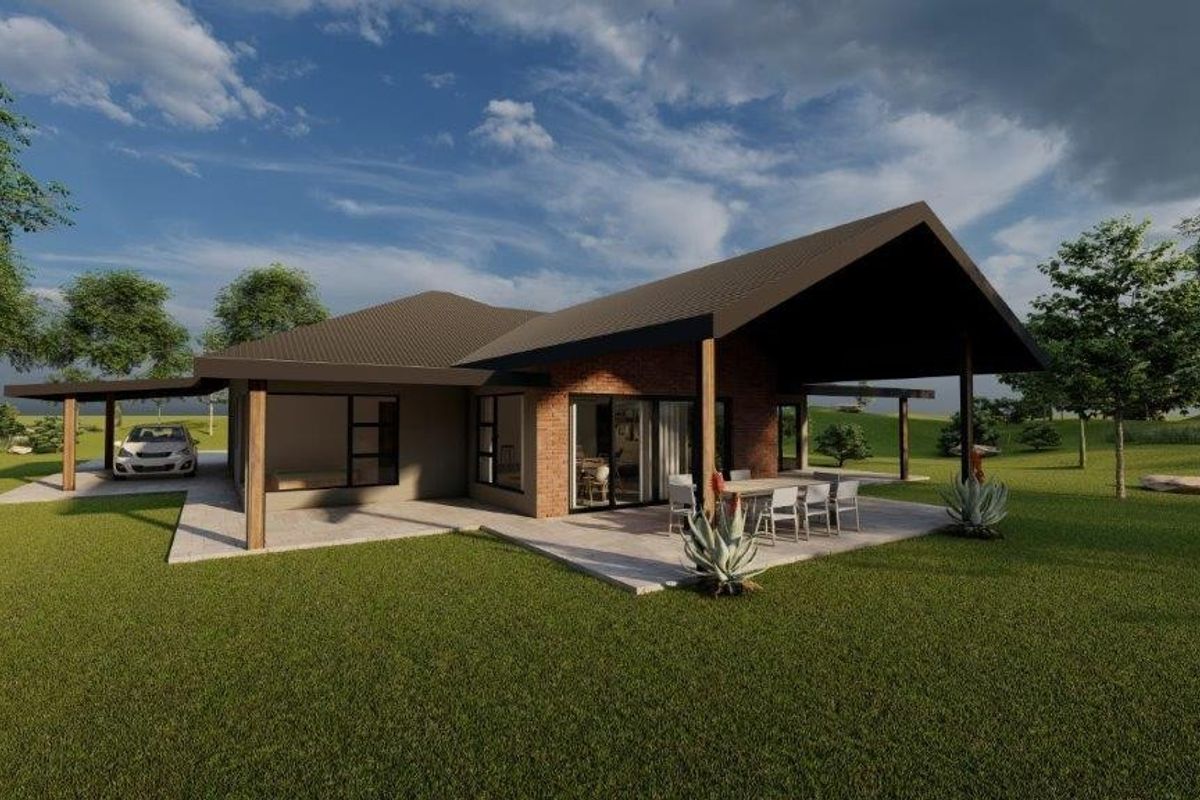 A 3D architectural rendering of a modern residential property featuring a brick facade, covered patio area, and integrated carport set in a landscaped garden.