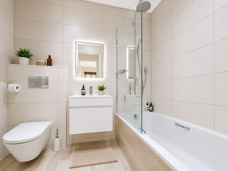 Modern bathroom featuring a wall-hung toilet, vanity unit with integrated basin, LED mirror, and a bathtub with a glass shower screen and rainfall shower head.
