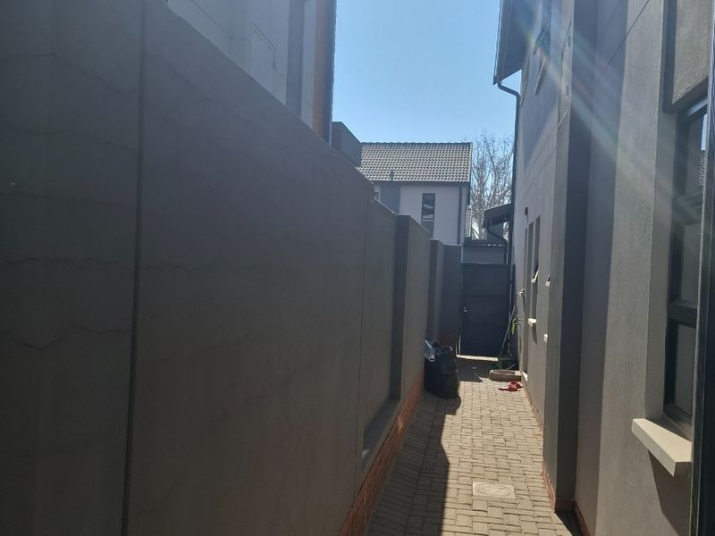 A narrow side passage featuring paved flooring and a high boundary wall, providing access between the exterior areas of the property.