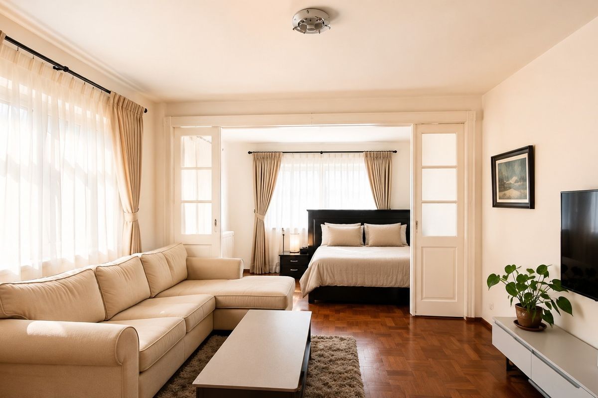 A well-maintained bedroom featuring warm parquet flooring and elegant french doors that provide a seamless transition to the adjoining living space.