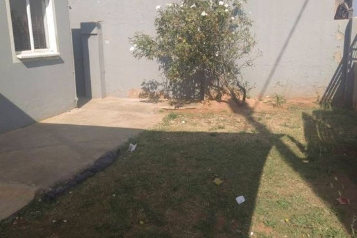 Rear exterior view of the property featuring a concrete patio area, boundary wall, and a small garden space.