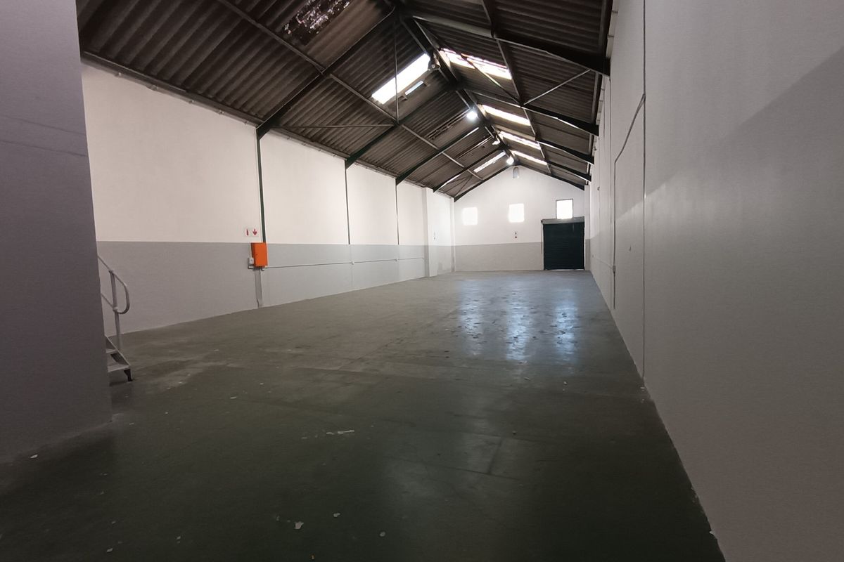Spacious industrial warehouse unit featuring high ceilings with exposed steel trusses, natural skylight illumination, concrete flooring, and a large roller shutter access door.