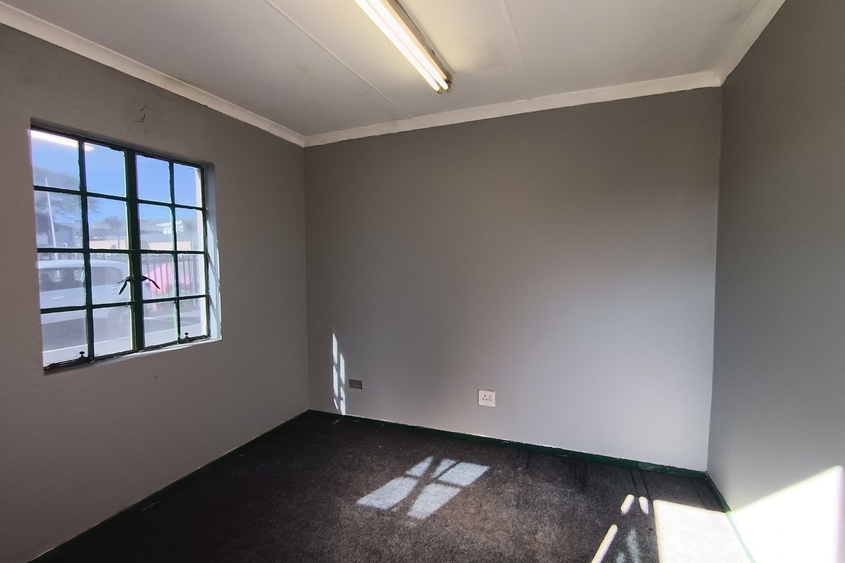 A vacant, neutral-toned office space featuring a steel-framed window, carpeted flooring, and a functional overhead fluorescent light fixture.